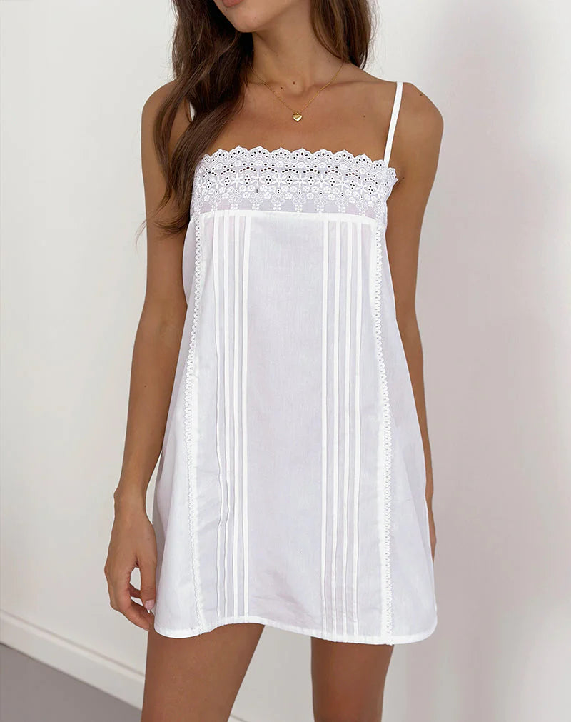 Broderie Trim Mini Dress in White
